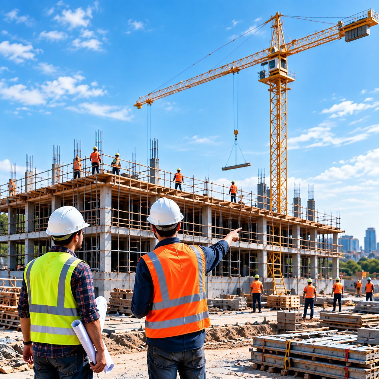 Construction site with tower crane and project team