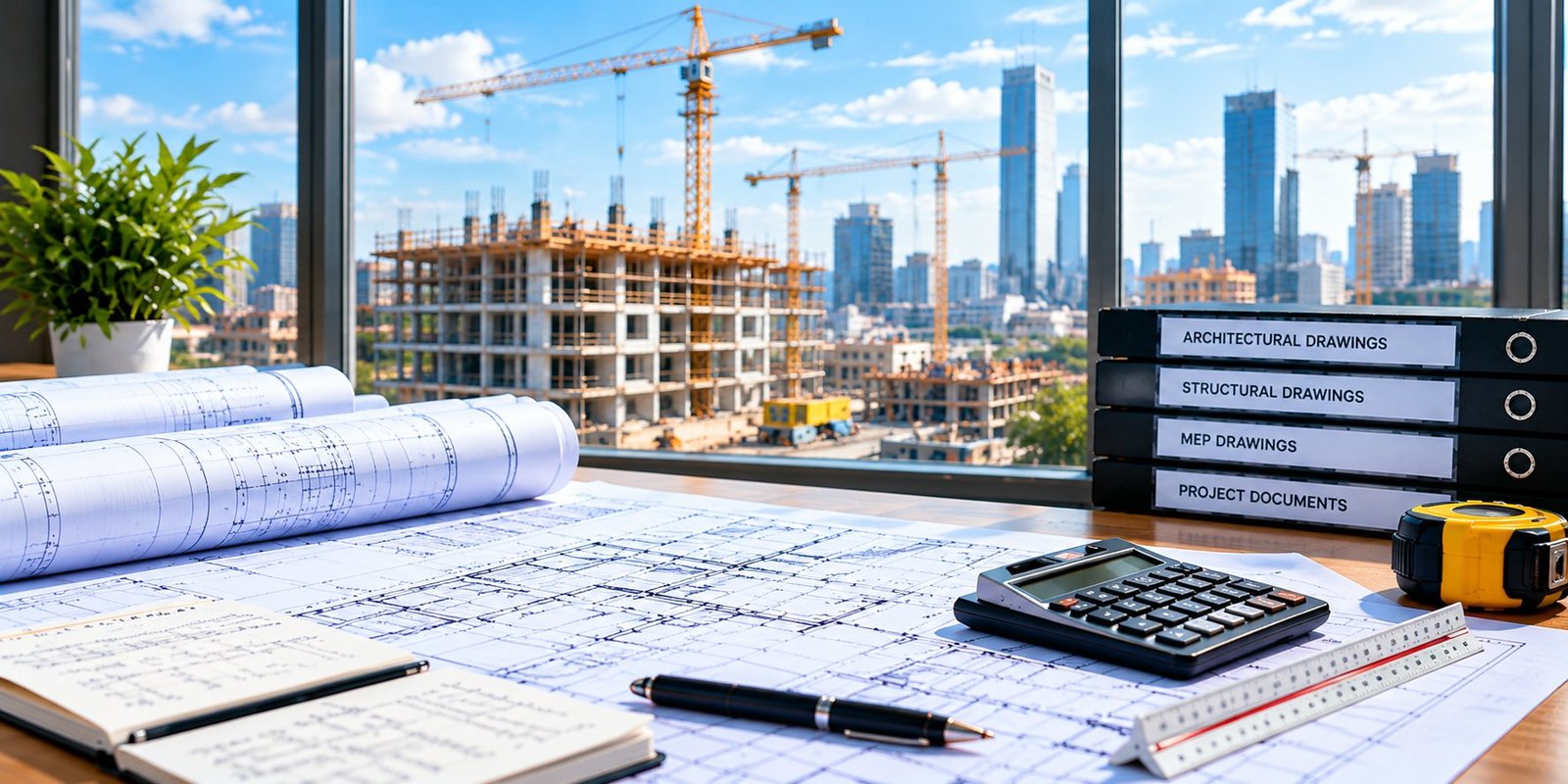 Blueprints, calculator and project drawings on an estimator's desk
