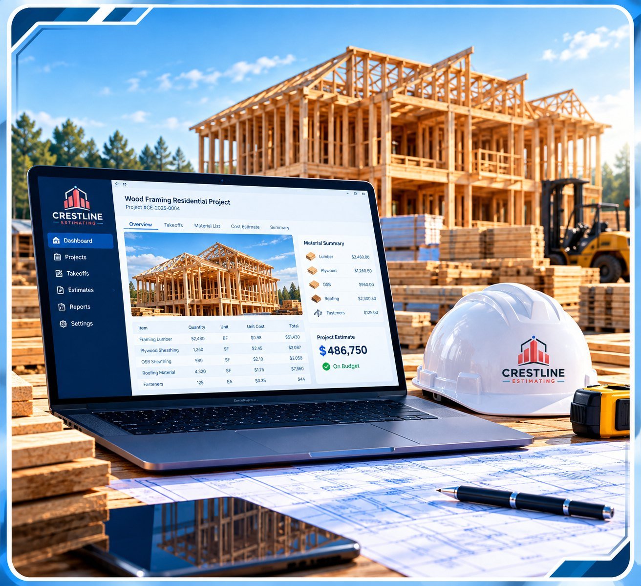 Crestline Estimating takeoff dashboard on a laptop in front of a wood-framed building under construction